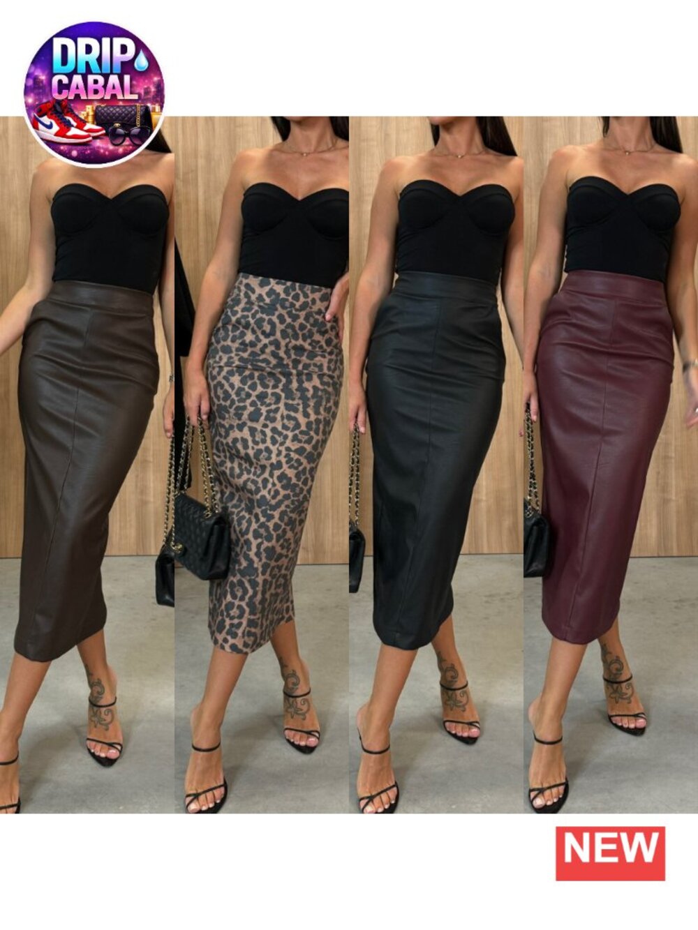 Womens Faux Leather Bodycon High Waist Slim Pencil Midi Skirt - Picture 4 of 4